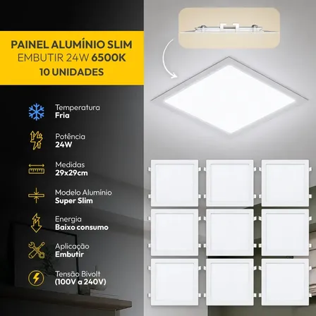 Kit 10 Painel Led Plafon Aluminio Embutir 24w 6500K Branco Frio 29x29Cm Quadrado Cod: ALUT190075-10 Alut By Avant