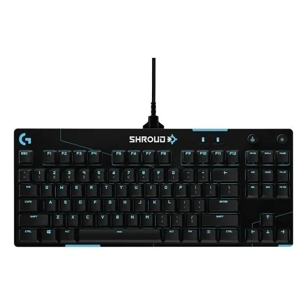Teclado gamer Logitech QWERTY Shroud Linear inglés internacional color negro con luz RGB