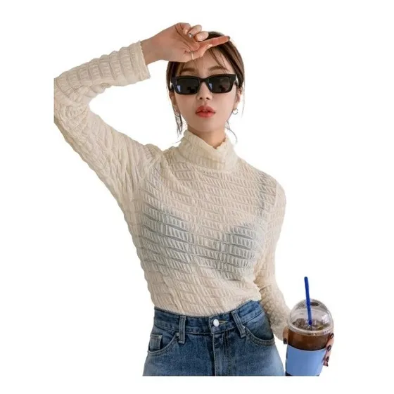 Blusa Beige Manga Larga Cuello Alto Transparencia Arruches