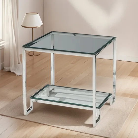 Mesa De Apoyo Acero Cromado Y Vidrio Templado Deco Rock Gmg