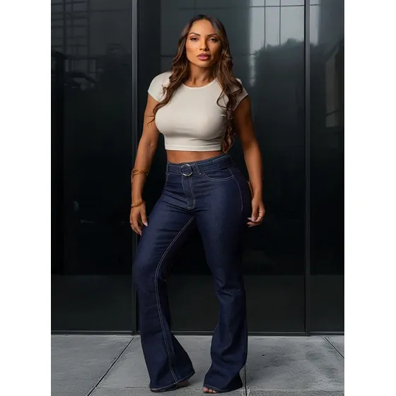 Calça Feminina Jeans Flare Com Cinto Ajustável Cintura Alta