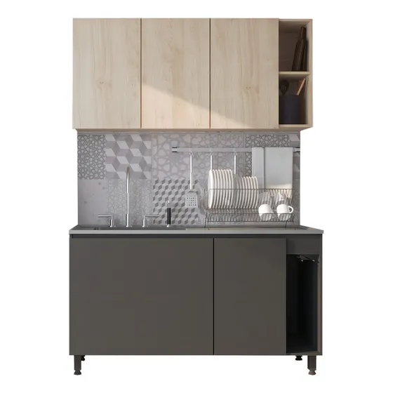 Combo De Cocina Moderno Bajo Mesada + Alacena 140 Premium Color Roble Kendal Natural/ Gris Sombra