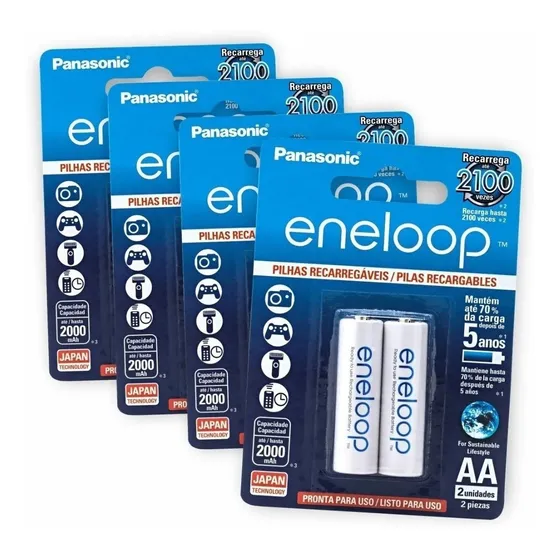 8 Pilhas Recarregáveis Panasonic Eneloop Aa Bk3mcce2bb 4cart