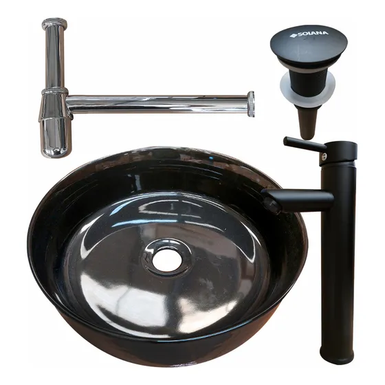 Solana Kit Ovalin Mamba Cerámico 38cm con Contra Push y Grifo Alto de Acero Inoxidable Negro + Cespol Completo Silver Para Baño de Lujo Hoteles o Oficinas