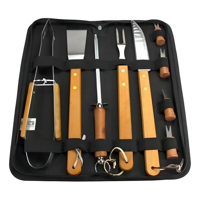 Kit Churrasco 360 De Aço Inoxidável Com 10 Peças