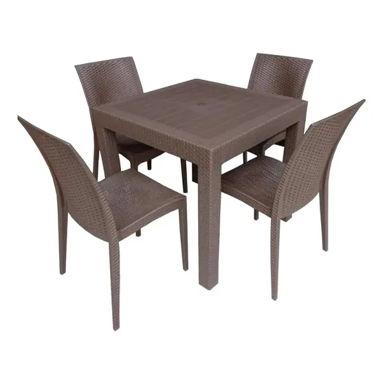 Juego De Comedor Rattan 4 Puestos Marrón Tejido