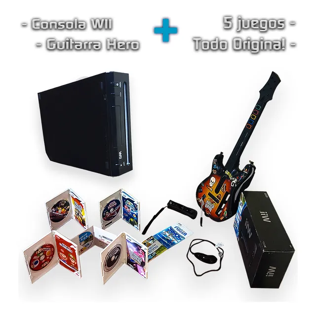 Paquete Nintendo Wii Original + Guitarra Hero + 5 Juegos