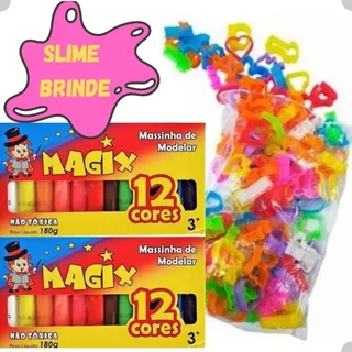 Kit 24 Massinha Modelar + 25 Moldes Forminha + Slime Brinde Kit 24 Massinha Modelar + 25 Moldes Forminha + Slime Brinde