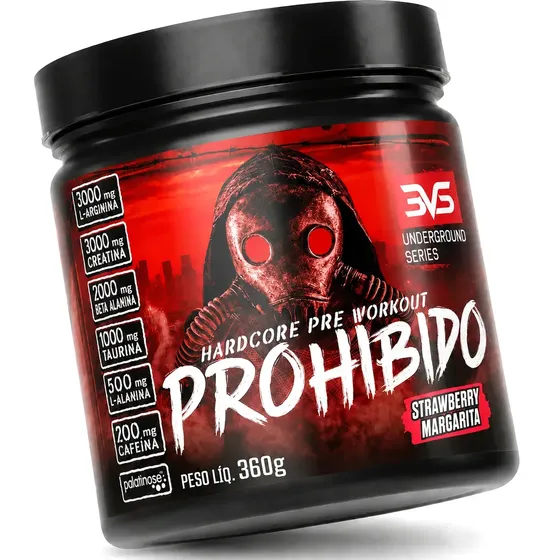 PRÉ TREINO PROHIBIDO 360g Sabor Strawberry Margarita - Fórmula Avançada contendo Creatina, Beta Alanina, Taurina, L-tirosina, L-alanina, Cafeína, Arginina e Palatinose - Extra Forte