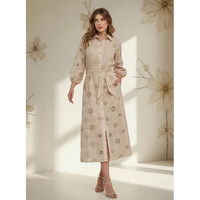 Vestido Longuete Com Manga Laise Bordado Cordonê Bege 