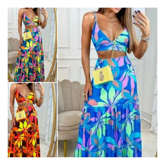 Set Maxi Falda  Y Crop Top Tela Strech Conjunto De Dama