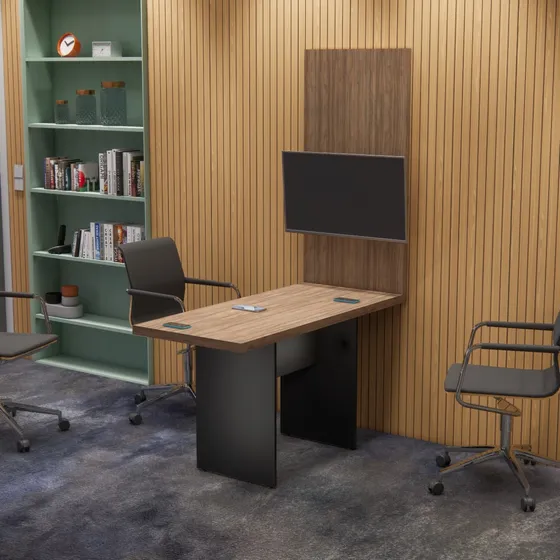 Mesa Para Reunião Tampo De 40mm - 1,35x0,60 - Com Painel Tv