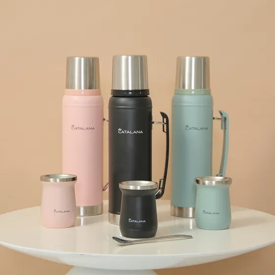 Kit Premium Termo 1l + Mate Doble Acero Inox Calor Frío 20hs