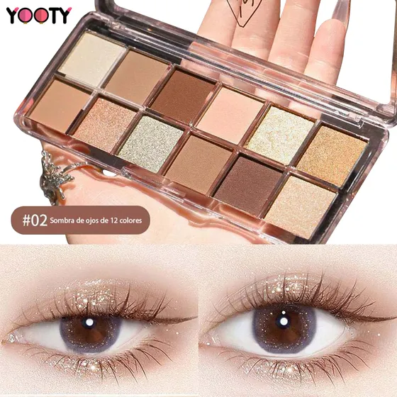 Yooty Paleta 12 Sombras Paleta De Sombras Para Ojos Nude Varios Caja De Sombras De Ojos Multifuncional Technic Maquillaje Paleta Sombras Sombras De Ojos Mate, Brillante 02 Sombra Ojos