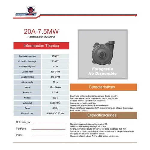 Bomba Centrifuga Ihm 7,5 Hp 220 Volt 1ph 20a-7,5mw (2x2)