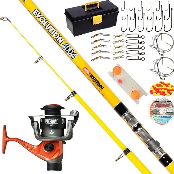 Kit Articulos Reel + Caja Completa Pejerrey + Caña Pescar 4 Mt Telescopica Accesorios Boyas Linea Tanza Mosquetones