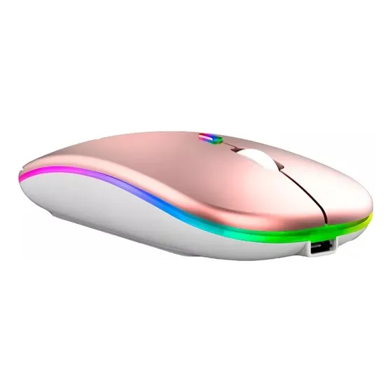 Mouse Sem Fio Bluetooth E Wireless Usb Recarregável Led Rgb Cor Rosa