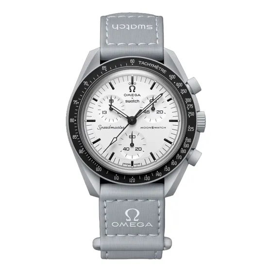 Reloj Omega X Swatch Moonswatch 1965: correa gris, bisel negro, fondo blanco