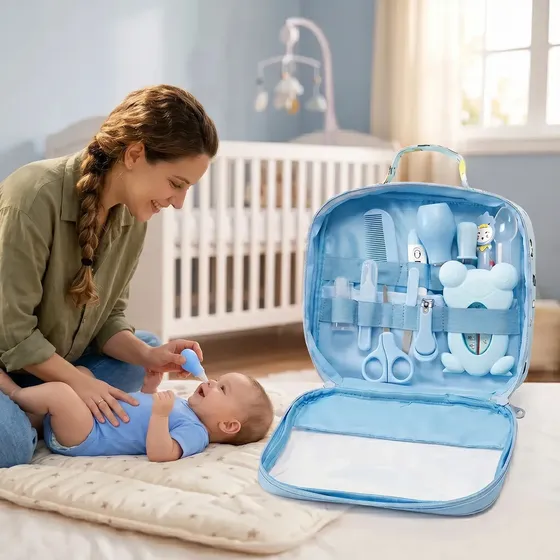 Kit Higiene Bebê Completo Azul Bolsa Maternidade Termômetro Digital Escova Pente Cortador Unha Aspirador Nasal Cuidados Recém Nascido Enxoval Acessórios Higiene Infantil Segurança Louis Riel Acustico