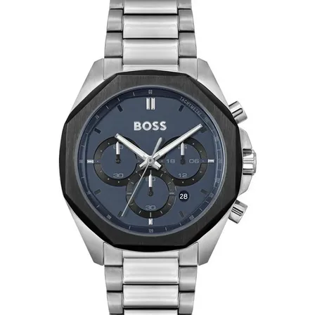 Relógio Hugo Boss Masculino Cloud Prateado de Aço Inoxidável com Fundo Azul