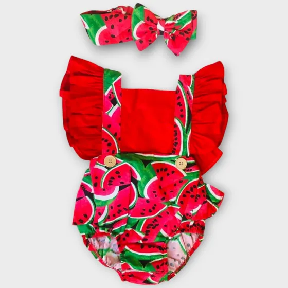Jardineira Romper Bebe Menina Melancia Frutas Tiara Macacão