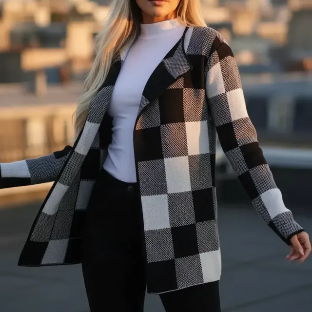 Casaco Xadrez Tricô Cardigan Inverno Manga Longa Feminino