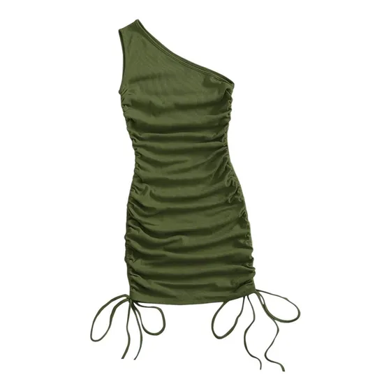 Vestido Arruchado Un Solo Hombro Verde Militar Shein