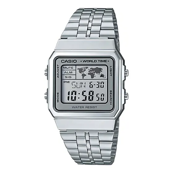 Reloj de pulsera digital Casio A-500WA-7D con correa de acero inoxidable de color plateado, fondo blanco/gris