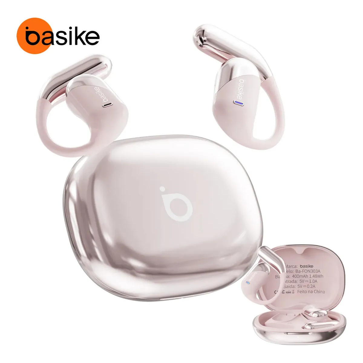 Fone de Ouvido Sem Fio Bluetooth 6.1 Esportivo OWS Com Ganchos Estéreo Hi-Fi com Microfone para Chamadas Claras, Controle de Volume Basike Fone Ouvido para Academia Corrida e Gamer, 100h Standby Rosa