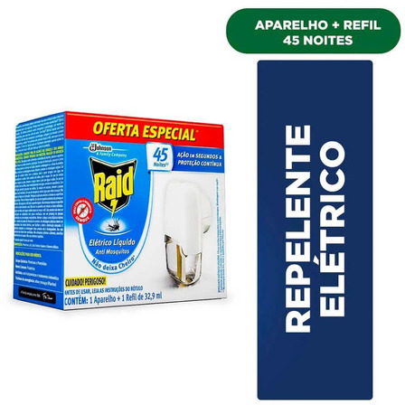 Repelente Elétrico Líquido Anti Mosquitos Raid Aparelho + Refil 32,9ml