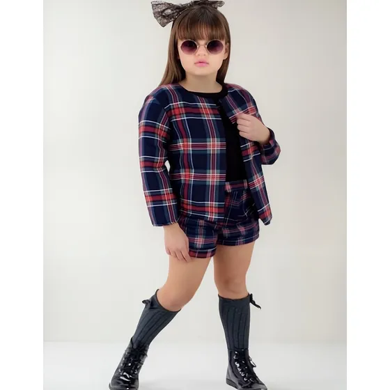 Blazer Casaco Infantil Com Short E Blusa Xadrex C 3 Peças