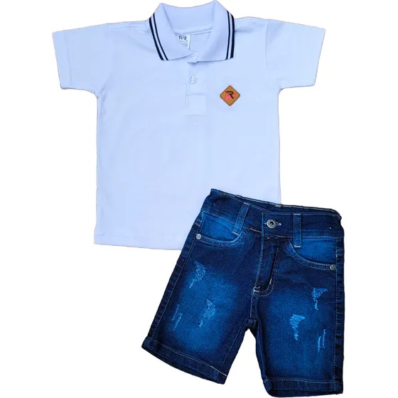 Conjunto Masculino Infantil Camisa Polo Bermuda Jeans Lycra