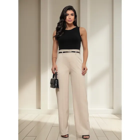 Calça Social Pantalona De Alfaiataria Com Cinto