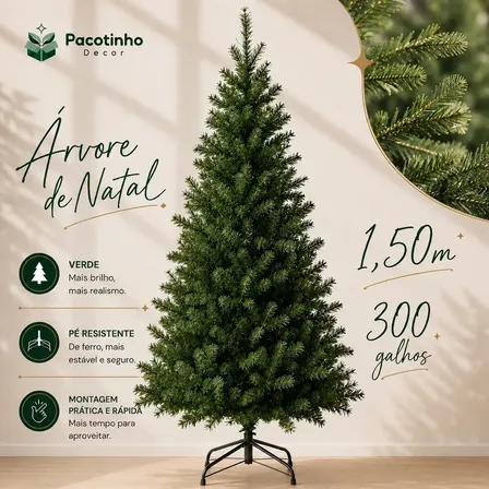 Árvore De Natal 1,50m 300 Galhos Verde Base Metal Pinheiro Canadense Pacotinho Decor