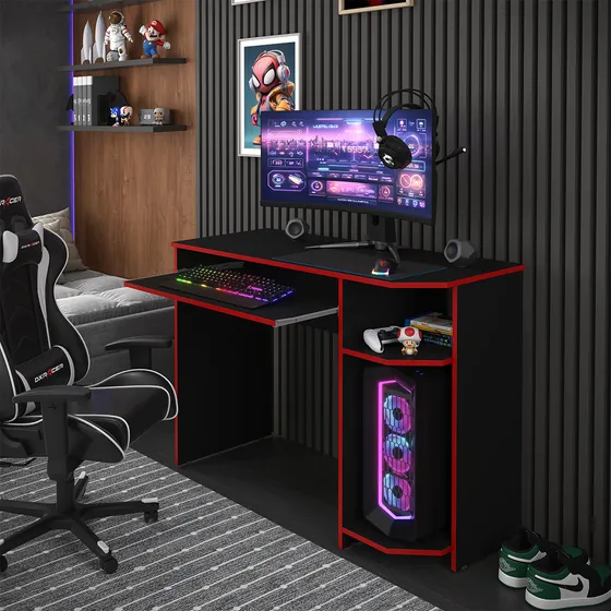 Escrivaninha Mesa Gamer Vegas Para Pc Notebook Computador Trabalho Estudos Quarto Escritório Preto/vermelho