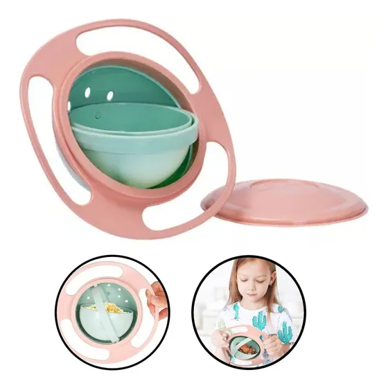 Plato Antivuelco Bowl Giratorio Bebe Alimentación Plastico Color Rosa Y Verde Antiderrame