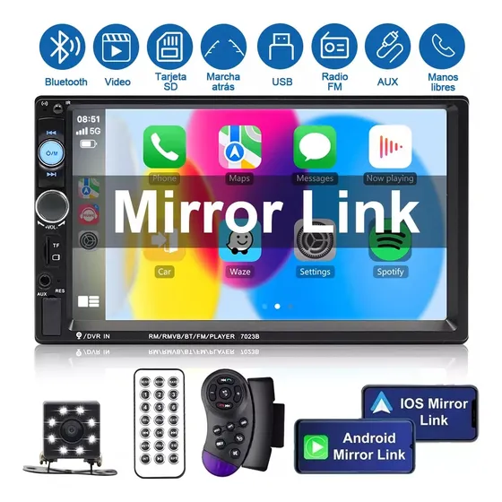Autoestéreo Hivoz 2 Din con Pantalla Táctil y 8 Led Camara 7 Pulgadas Mirrorlink Reproductor Multimedia Auto Bluetooth Fm Auto Estereo de Pantalla Mp5 Usb 32g Autoestéreo MP5 Color Negro