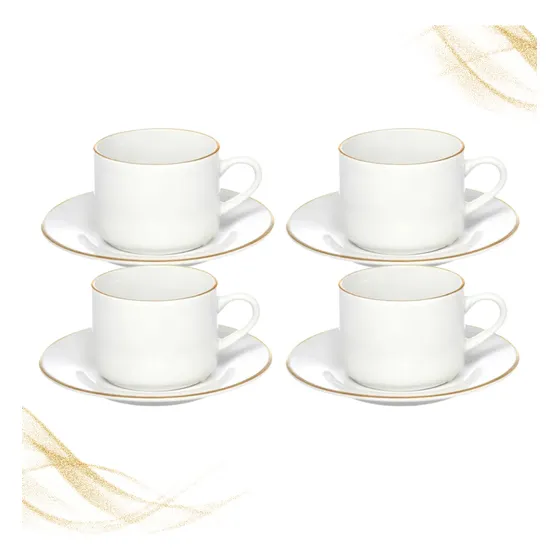 Jogo 4 Xícaras Com Pires Em Porcelana Branca Filete De Ouro
