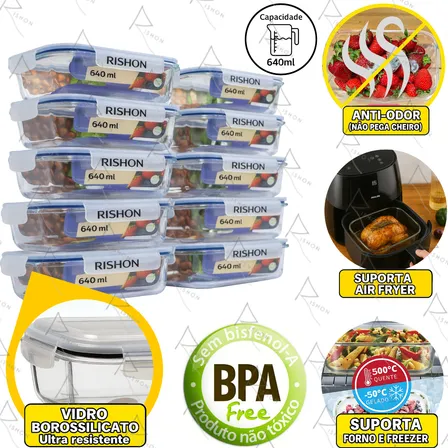 🍱 ORGANIZE SUA SEMANA COM QUALIDADE

*Kit 10 Potes de Vidro Marmita Hermético 640ml Freezer Fitness Rishon Azul-escuro*
~R$ 179,90~ → *R$ 112,52* no Pix
💥 *37% OFF*

✅ Mantém alimentos frescos por mais tempo  
✅ Vedação hermética que evita vazamentos  
✅ 