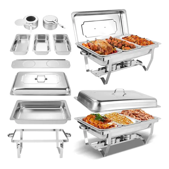 Buffet Plegable De Acero Inoxidable Con 3 Bandejas 11 L/Bufetera Ollas Vaporeras Cacerolas Buffet inoxidable