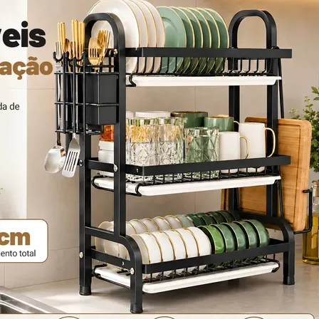 Escorredor de Louça Inox 3 Andares Grande escorredor de Pia para Armazenar Pratos, Tigelas, Talheres e Copos, Equipado com Bandeja Coletora Removível, Suporte para Tábua de Corte e Porta Talheres