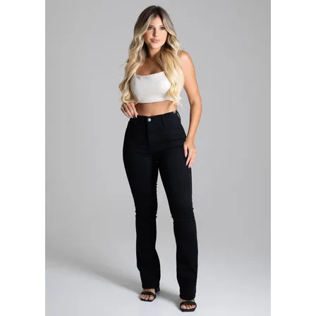 Calça Flare Sawary Jeans Feminino Algodão Preto Boot Cut Preto Liso 40