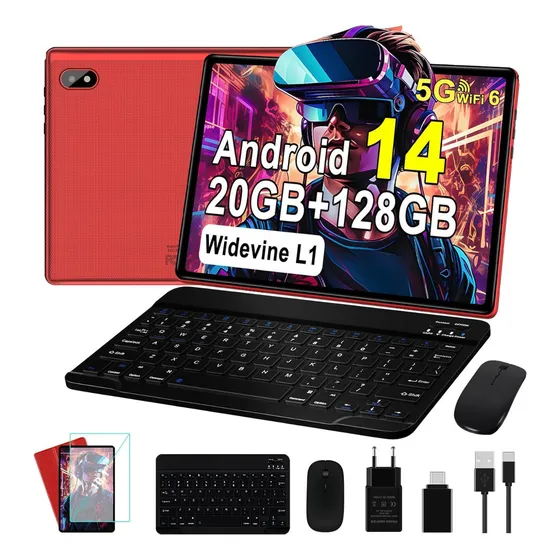 Android14 10 Tablet, 20+128gb, 5gwifi, Teclado Y Raton-red