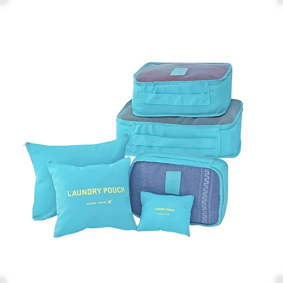 Organizador Necessaire Kit 6 Prendas De Viaje Práctico, Color Celeste, Diseño De Tela Lisa - Otec
