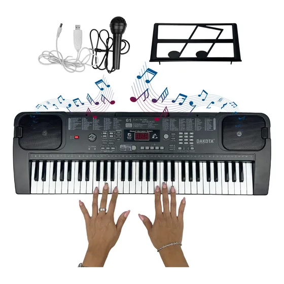 Órgano Teclado Dakota 61 Teclas Usb Micrófono Atril 200 Ritmos Negro