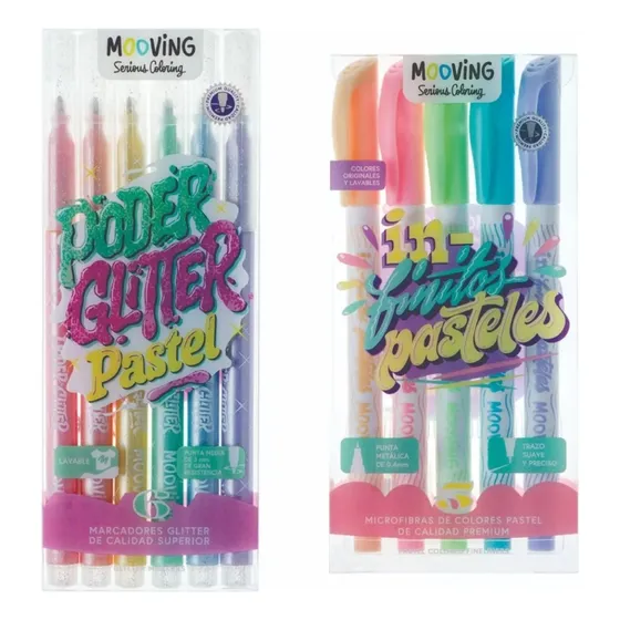 Kit Set 11 Mooving Microfibras Marcadores Glitter Pastel