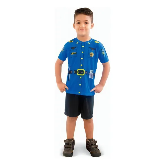 Fantasia Policial Infantil Camiseta Bermuda Brink Model Cor Azul