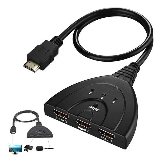 Cabo Divisor Hdmi Hub 3x1 Switch 3 Entradas Para 1 Saida