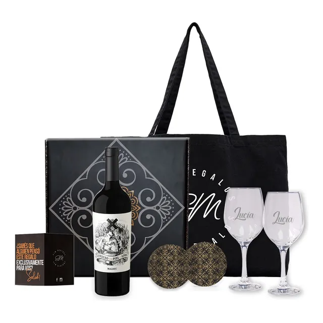 Box Vino Cordero Con Piel Lobo Con Dos Copas Personalizadas