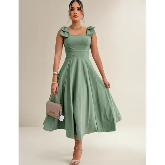 Vestido Longo De Linho Forrado Com Lacinho No Ombro Bojo